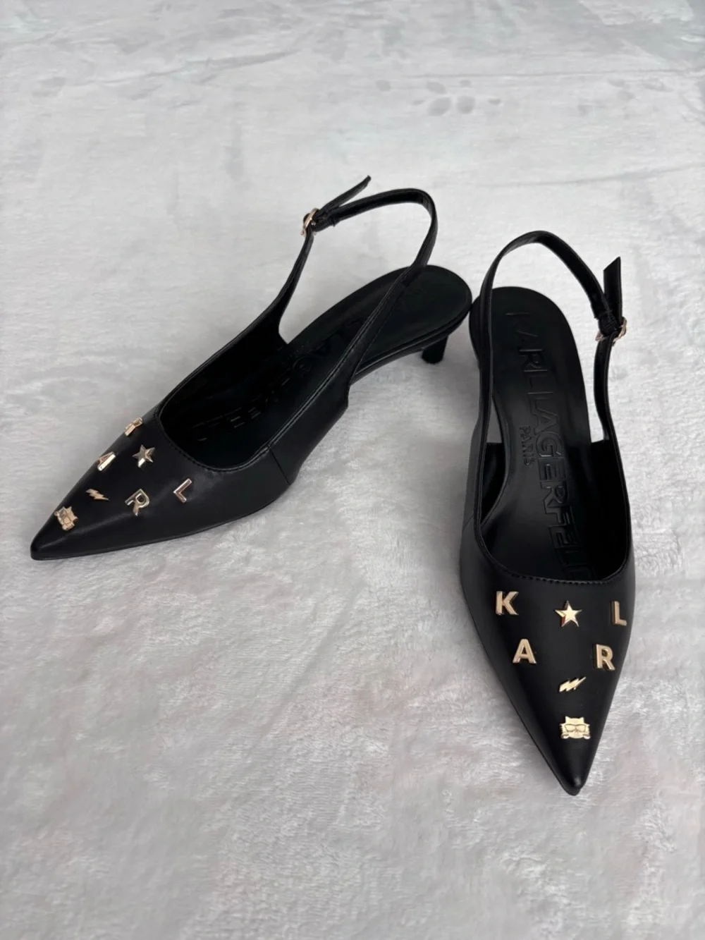 KARL LAGERFELD Sunday Black Faux Leather Slingback Kitten Heel Pump--NWOB--7.5 - Picture 12 of 15